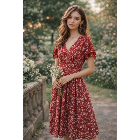 Max Studio Dresses & Skirts - Max Studio Red Floral Ditsy V-Neck Ruffle Sleeve Midi Dress  Womens XS Romantic